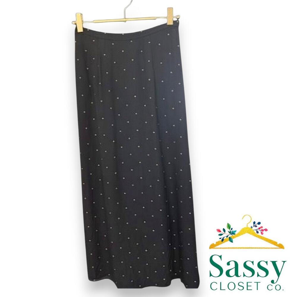 ✨ TALBOTS 100% Silk Polka Dot Midi Skirt 2P Petite Black Cream Luxe EUC 🕊️